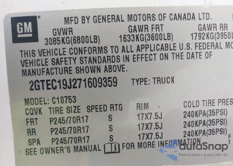 2007 GMC Sierra 1500 Sle1 z USA, uszkodzony, nr VIN 2GTEC19J271609359